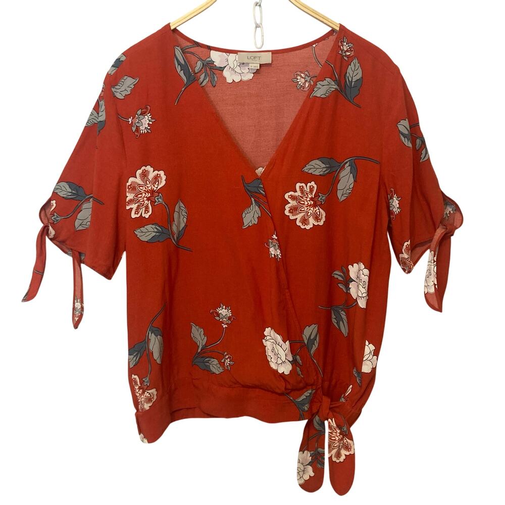 Loft Red Floral Lightweight Tie Short Sleeves Waist Crossover V-Neck Blouse Top